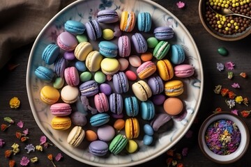  a bowl of macaroons and a bowl of peas on a table with flowers and a cloth on the side of the bowl and a bowl of macaroons on the table.  generative ai