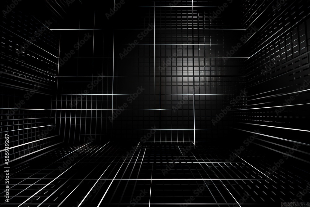 Poster a black and white photo of a dark room with lines on the floor and a cross in the middle of the room