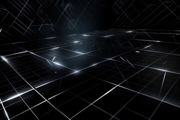  a black and white photo of a dark room with lines on the floor and lights on the walls and the floor is black and white.  generative ai