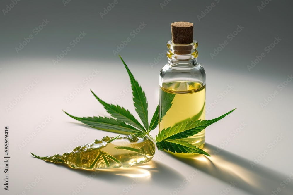 Poster a bottle of oil with a marijuana leaf on it next to a glass container with a dropper of oil on the s