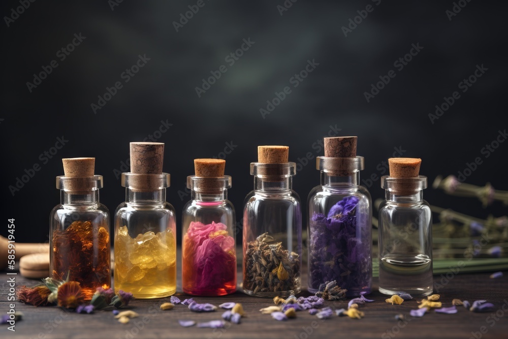 Poster a row of bottles filled with different types of flowers and herbs next to a wooden spoon with a wood