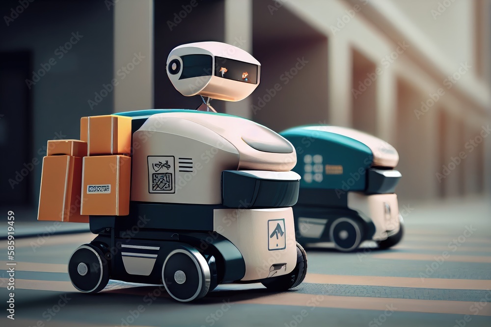 Canvas Prints high-tech courier service, with futuristic delivery robots bringing packages and parcels to customers, created with generative ai