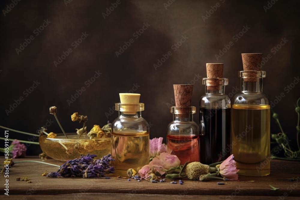 Poster a table topped with bottles filled with different types of oils and flowers next to a bowl of dried 