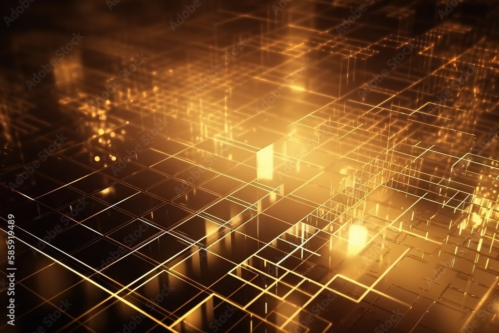 Poster an abstract image of golden squares and squares on a black background with a bright light coming fro