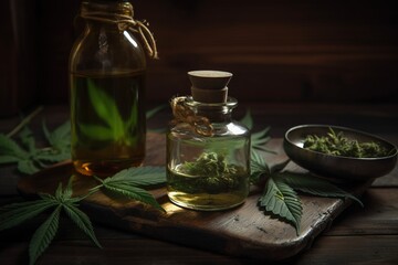Obraz na płótnie Canvas a bottle of marijuana oil next to a bowl of marijuana leaves on a wooden tray with a spoon on the side of the bottle and a bowl of marijuana leaves on the side. generative ai