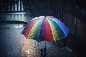  a rainbow umbrella is open on a rainy day in the rain, with the sun shining through the umbrella and the rain falling down on the ground.  generative ai