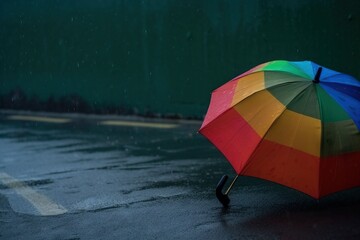  a rainbow colored umbrella sitting on the side of a road in the rain with a green wall in the back ground behind it and a person holding an umbrella.  generative ai