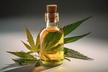  a bottle of oil with a marijuana leaf in it sitting on a table next to a bottle of oil with a cork stopper on top.  generative ai