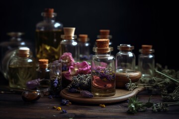 Obraz na płótnie Canvas a table topped with bottles filled with different types of flowers and herbs on top of a wooden table next to bottles of oil and vinegar. generative ai