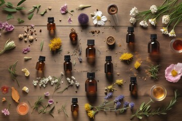  a variety of bottles of essential oils and flowers on a wooden table with a spoon and a cup of tea on the side of the table.  generative ai