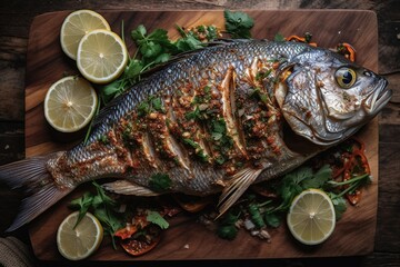 a fish is on a cutting board with lemons and cilantro on the side of the board and on the side of the plate.  generative ai