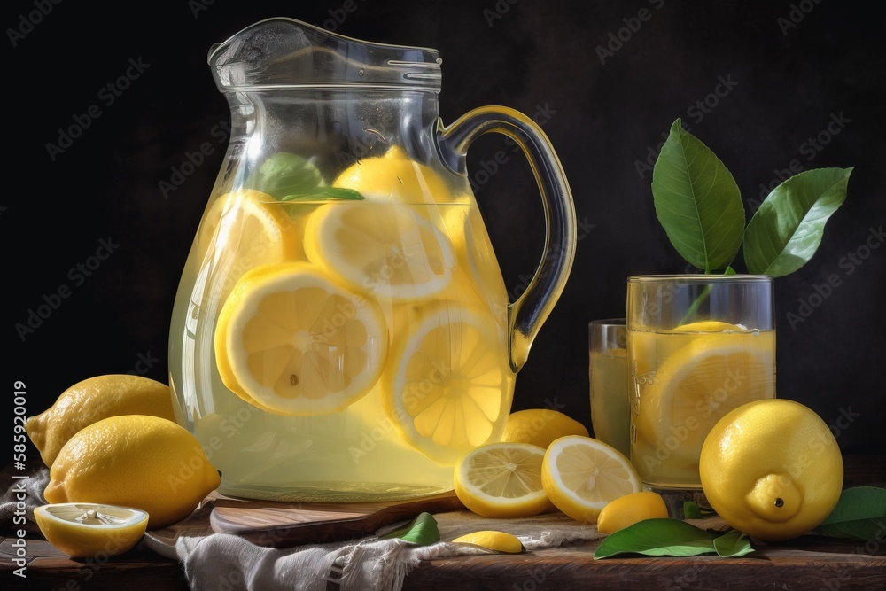 Poster a pitcher of lemonade next to a glass of lemonade and a pitcher of lemonade and a bowl of lemons on 