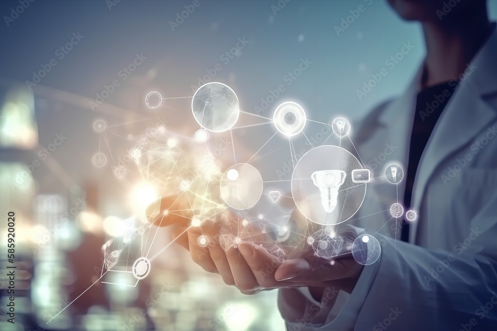 Poster a man in a lab coat holding a tablet with icons on it and a cityscape in the background in the backg