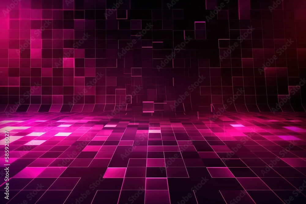 Poster a purple and black background with squares and squares on it's sides and a red light at the end of t