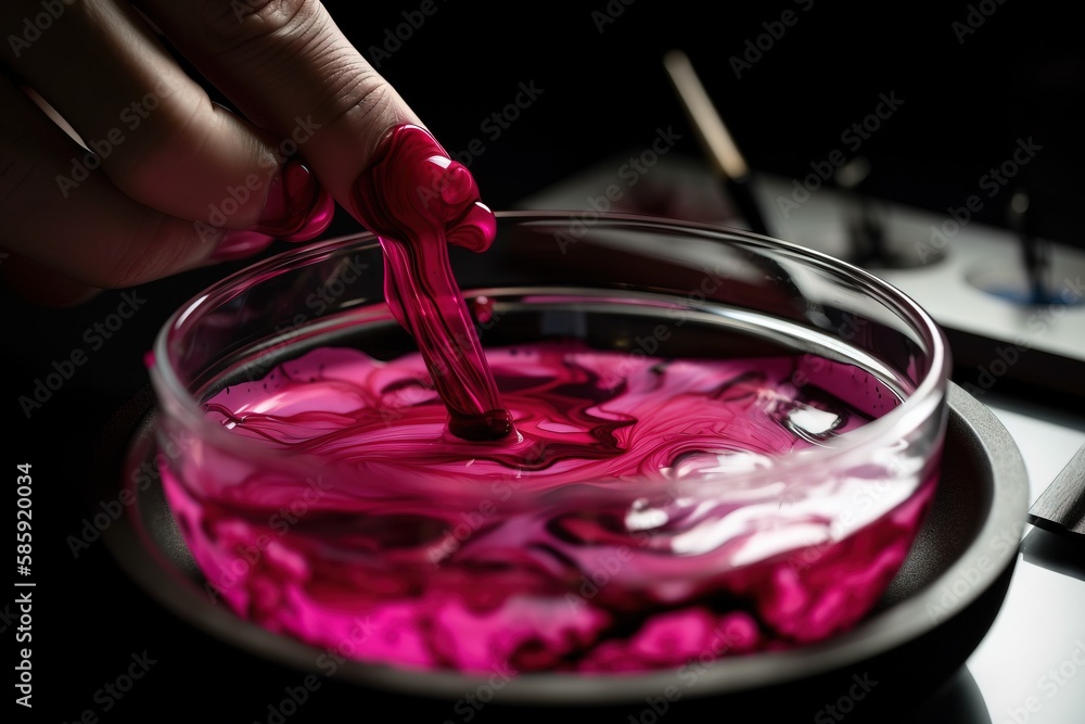 Poster a person is dipping something in a bowl of pink dye on a table top with a computer keyboard in the b