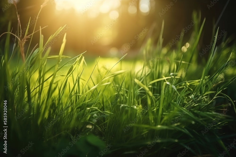 Poster a grassy field with the sun shining through the trees in the background and the grass in the foregro
