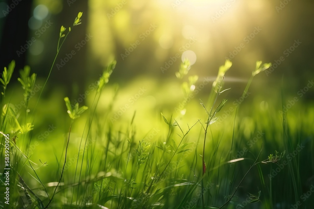Poster a grassy field with the sun shining through the trees in the background and the grass in the foregro