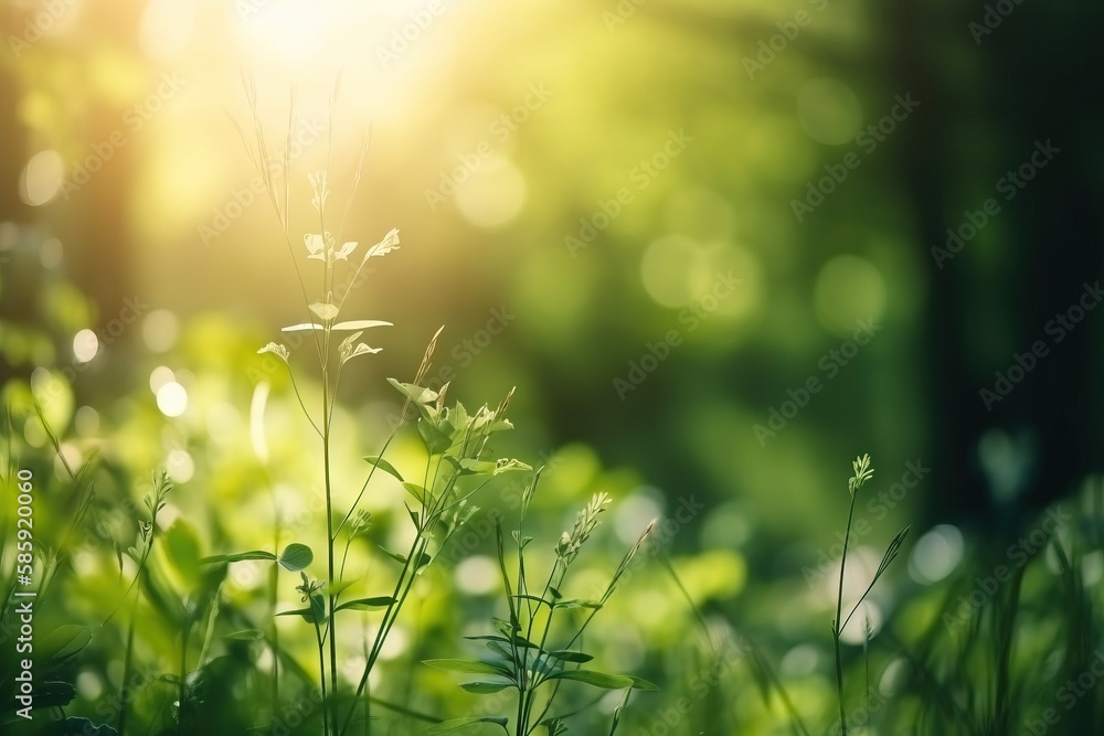 Poster a close up of a plant in a field of grass with the sun shining through the trees in the background a