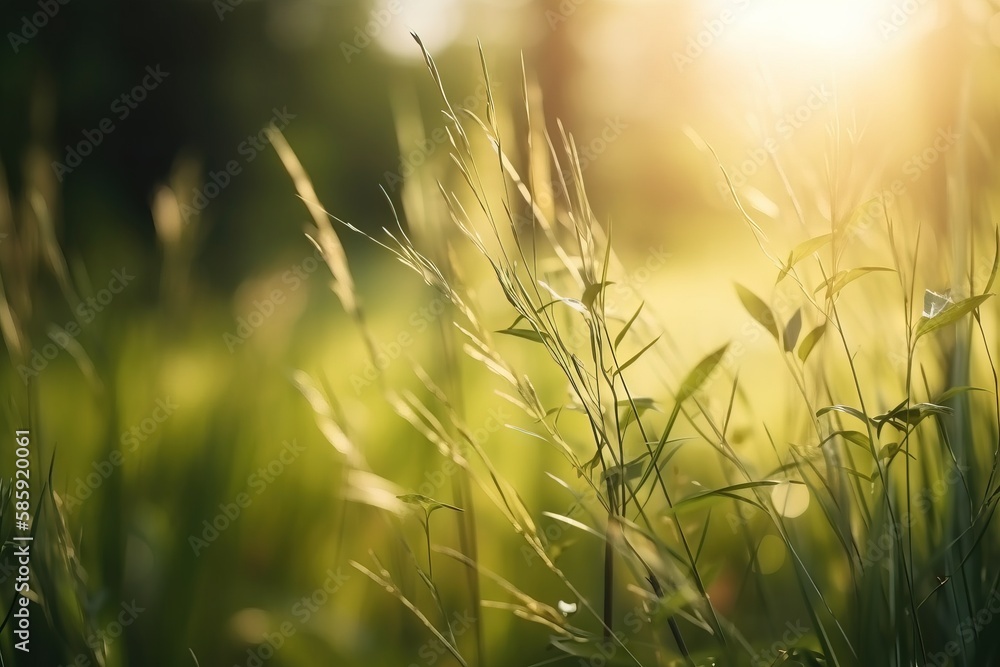 Poster a close up of a grass field with the sun shining through the trees in the background and a blurry im