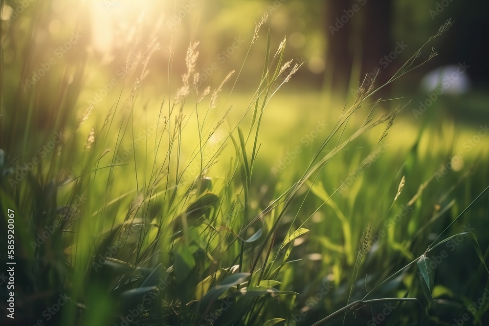 Poster a field of grass with the sun shining through the trees in the background and a blurry image of the 