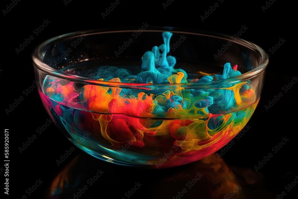 Poster a bowl filled with colorful liquid on top of a black table top with a black background and a reflect
