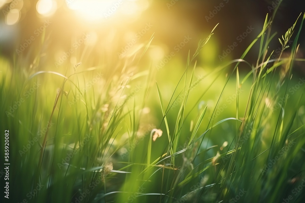 Poster a field of grass with the sun shining through the trees in the background and a blurry photo of the 