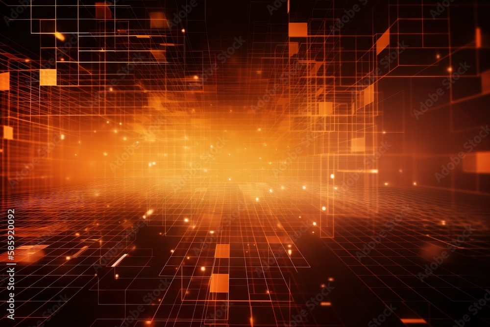 Poster an orange and black background with squares and squares on it, and a light at the end of the screen,