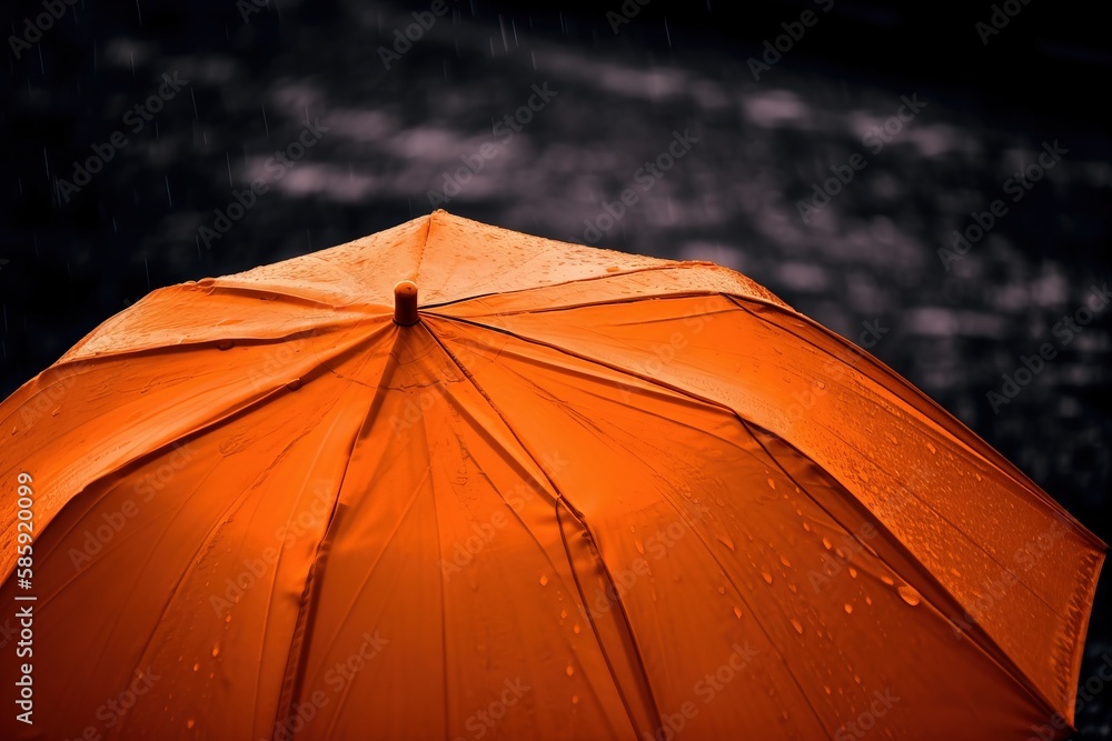 Poster an orange umbrella with rain drops on it's sides and a black background with a red umbrella in the f