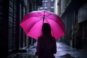  a woman holding a pink umbrella in the rain in a city street at night, with buildings in the background and a dark alleyway lit by street lights.  generative ai