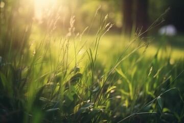  a field of grass with the sun shining through the trees in the background and a blurry image of the grass in the foreground.  generative ai