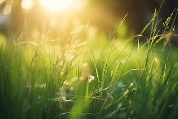  a field of grass with the sun shining through the trees in the background and a blurry photo of the grass in the foreground.  generative ai