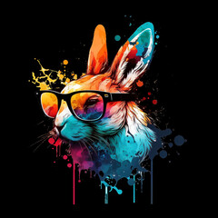 Colorful, minimalistic rabbit in sunglasses logo. Cool rabbit in sunglasses sticker. Rabbit in sunglasses t-shirt template. Bright colors, cartoon style Created with Generative AI