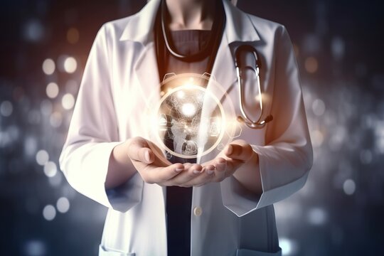  a doctor holding a globe in her hands with a stethoscope in it's palm and a stethoscope in the other hand.  generative ai
