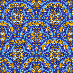 Turkish floral seamless pattern. Paisley folck vector background using mandala. Fantasy decorative repeating tiles with tropical flowers and leaves. Festivale style.