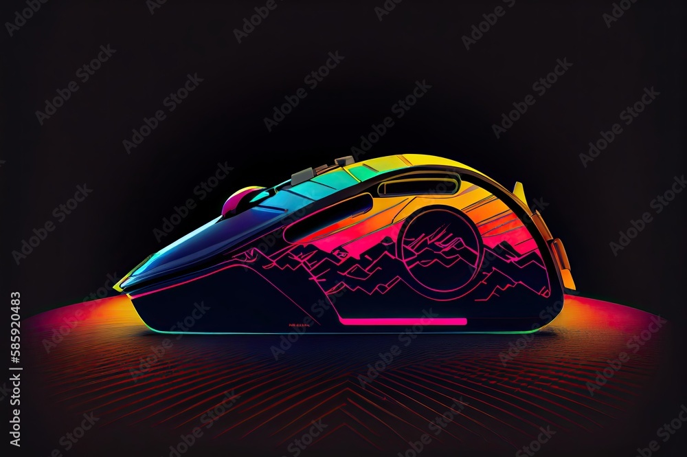 Aufkleber left side video game mouse glowing neon with black background generative ai