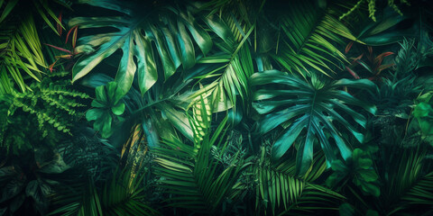 Fototapeta na wymiar Green leaves background. Dark tropical nature concept created with generative ai tools
