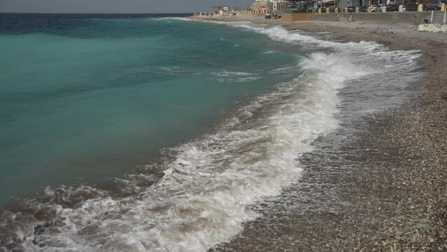 Waves on Akti Kanari Beach, Rhodes Town, Rhodes, Dodecanese Islands, Greek Islands, Greece, Europe