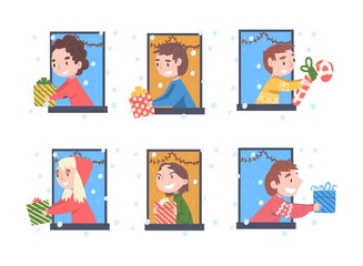Cute Little Boy and Girl Looking out of Window Giving or Receiving Christmas Gift Box Vector Set
