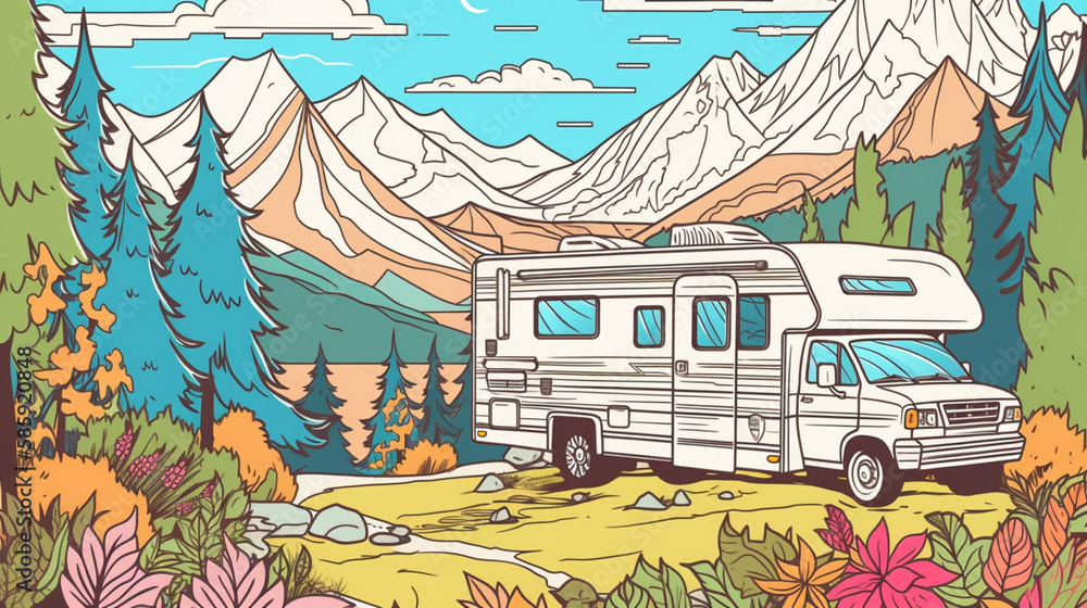 Sticker Background camping truck Wallpaper Generative AI