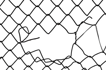 The texture of the metal mesh. Torn, destroyed, broken metal mesh on a white background