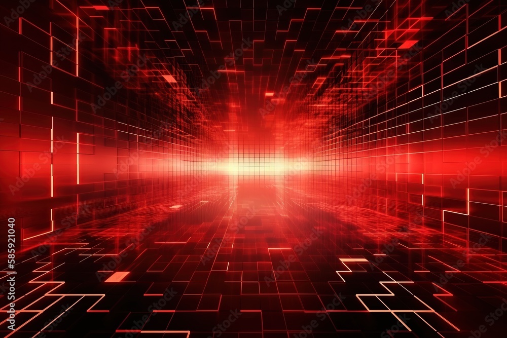 Poster a red and black background with squares and squares on it, and a light at the end of the tunnel, wit