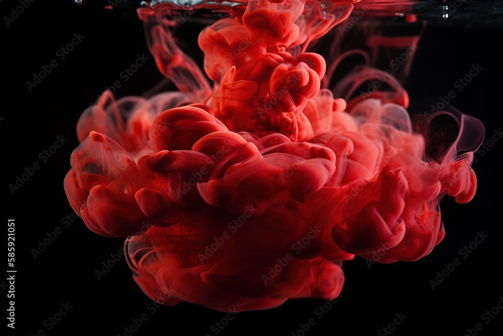 Poster a red substance is floating in the water with a black background and a drop of water on the bottom o