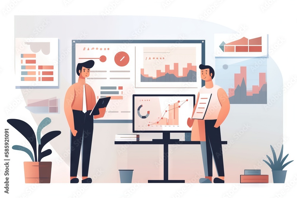 Poster two men are standing in front of a large screen with graphs on it and a plant in the corner of the r
