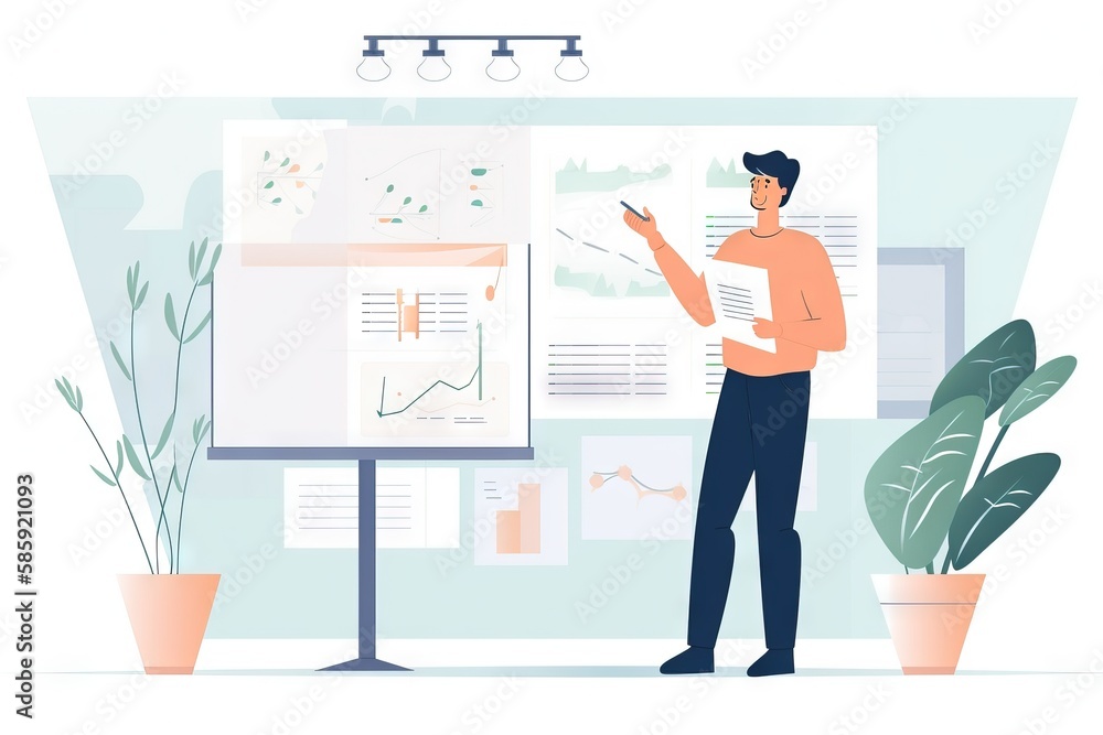 Poster a man is standing in front of a board with diagrams on it and a plant in front of him is holding a c