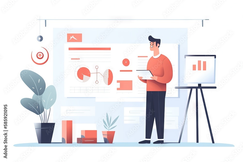 Aufkleber a man standing in front of a whiteboard with a chart on it and a plant in front of it, with a plant 