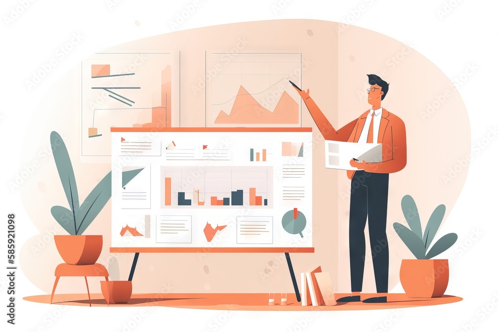 Poster a man standing in front of a whiteboard with diagrams on it and a plant in front of him, pointing to