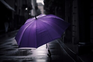  a purple umbrella sitting on the side of a road in the rain at night time with a person walking down the street holding an umbrella.  generative ai