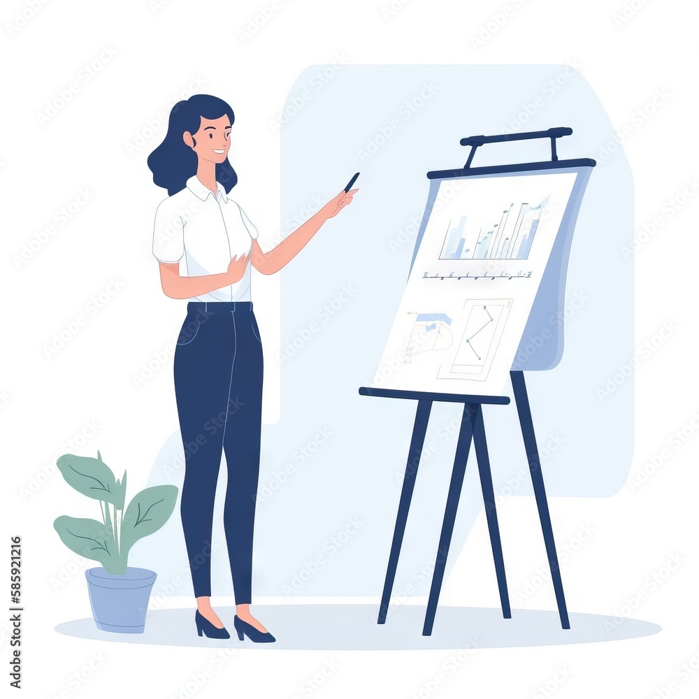 Poster a woman standing in front of a whiteboard with a chart on it and pointing to it with a marker in her