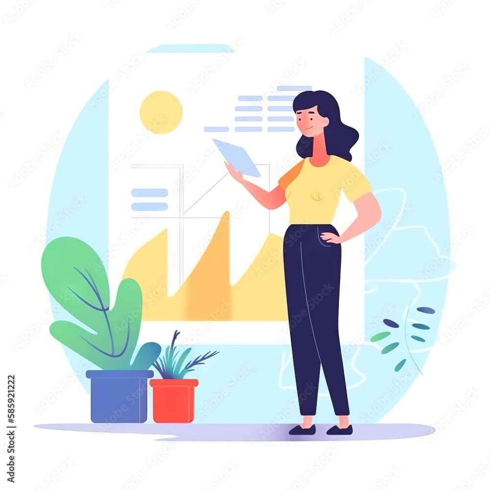 Poster a woman standing in front of a screen with a plant in front of it and a chart on the wall in the bac