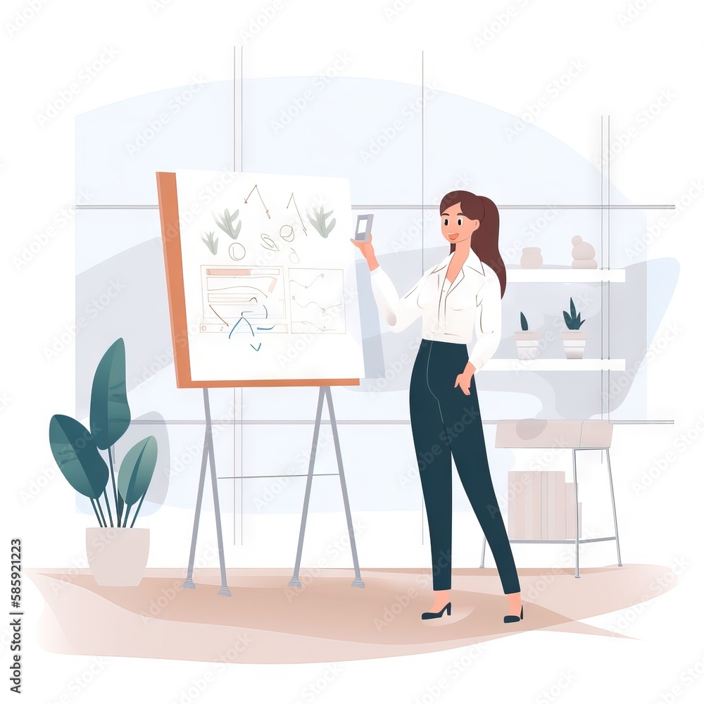 Poster a woman standing in front of a whiteboard with a drawing on it and pointing to it with a marker in h